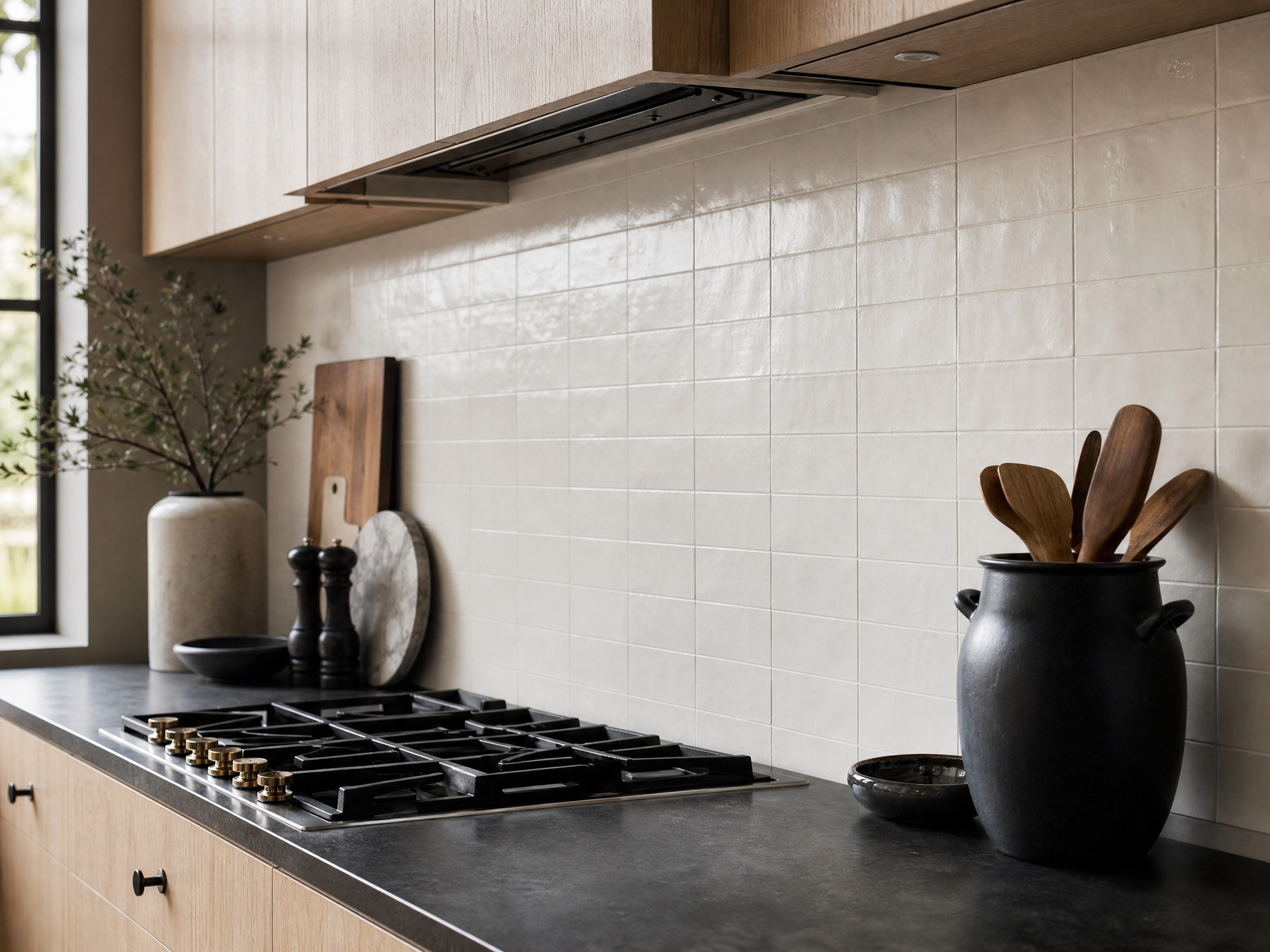 Modern kitchen with ceramic tile backsplash