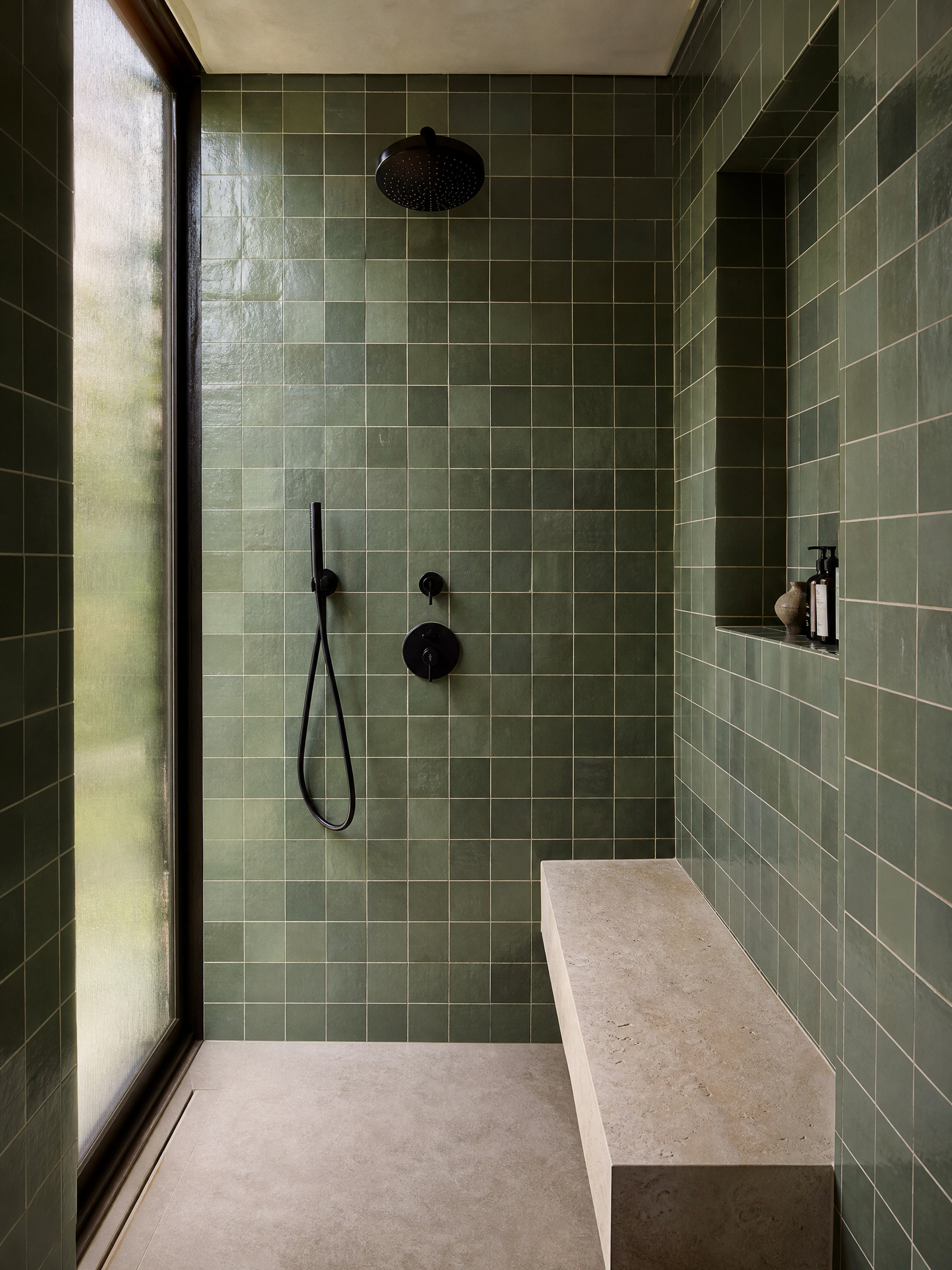 Luxury shower with sage ceramic tile