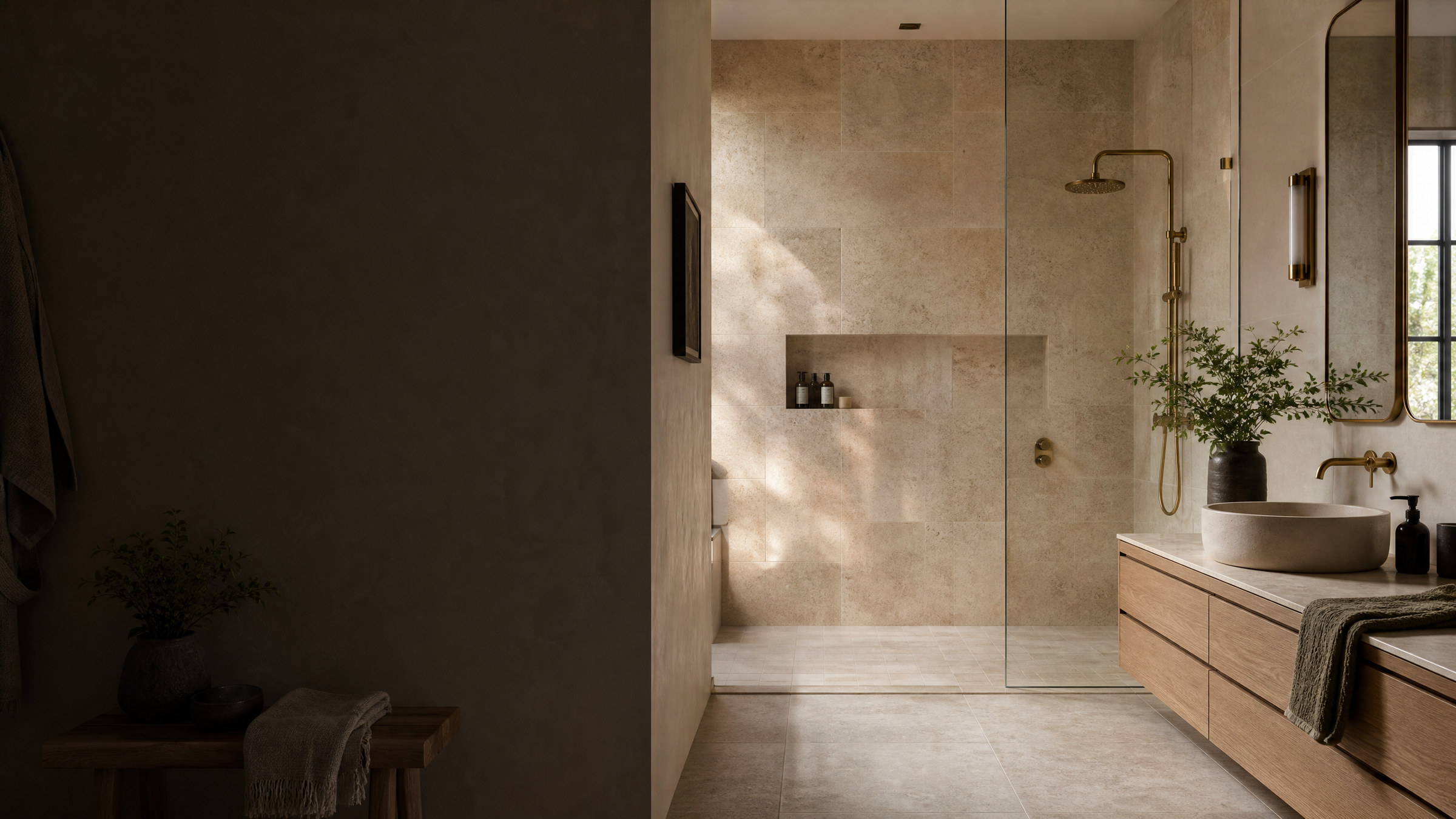 Warm modern tiled bathroom with a walk-in shower